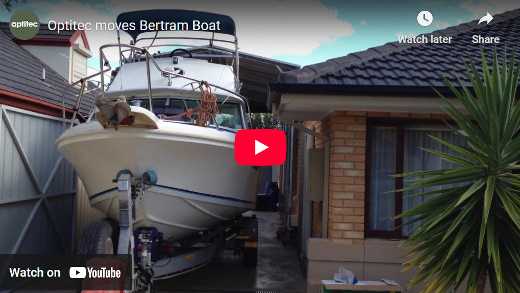 Optitec moves Bertram Boat – Heavy weight turn on narrow roadway